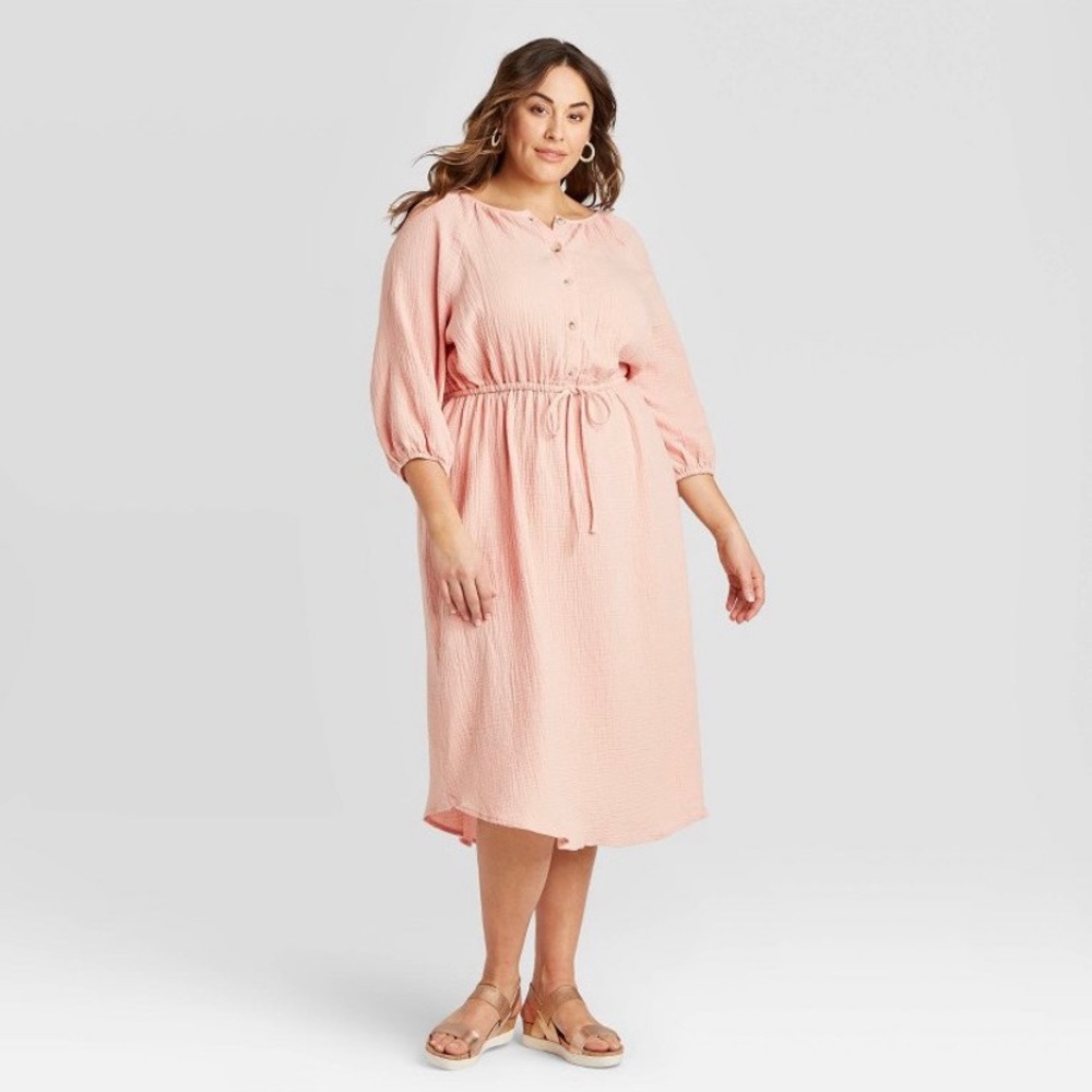 NEW ✨ Ava & Viv Peachy Pink Crepe Buttoned Drawstring Midi Dress NWT Size 2X